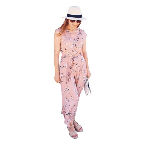 Sienna Sky Floral Print Jumpsuit Peach Purple Faux Wrap Sleeveless Belted XS - Picture 1 of 8